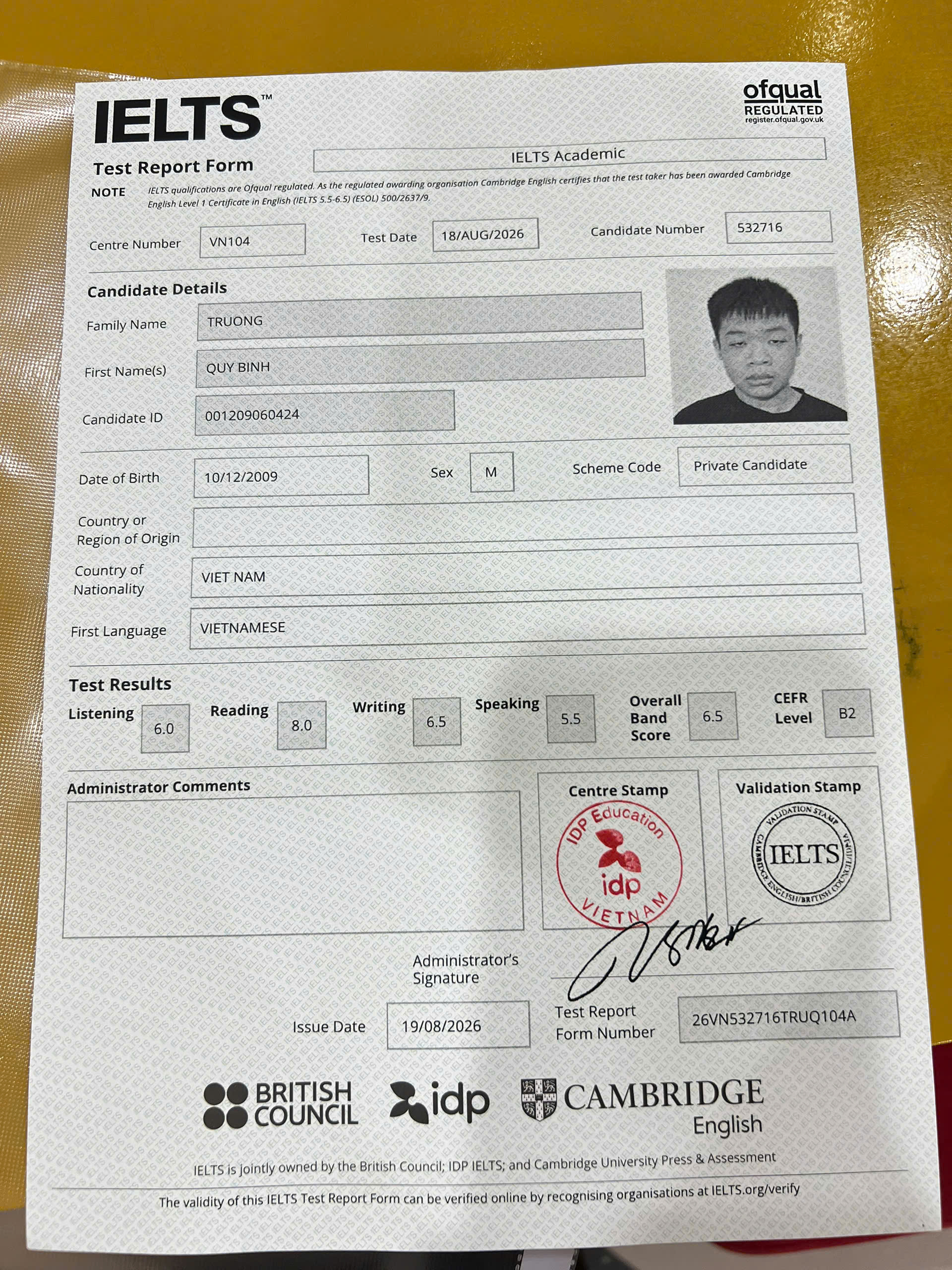 Minh chứng kết quả IELTS đã ẩn thông tin định danh 1