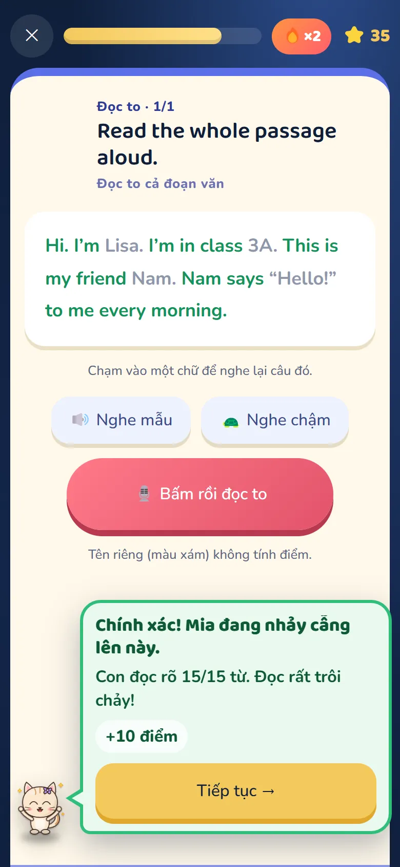 Màn Đọc to: đoạn văn tiếng Anh sáng xanh theo giọng đọc, thông báo con đọc rõ 15/15 từ
