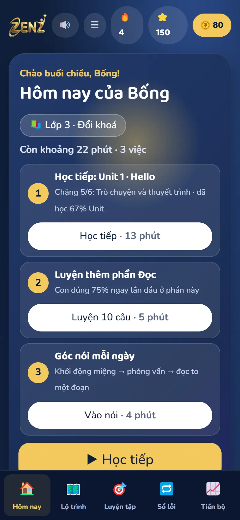 Màn hình “Hôm nay của Bống”: danh sách 3 việc cần học trong ngày, kèm số phút