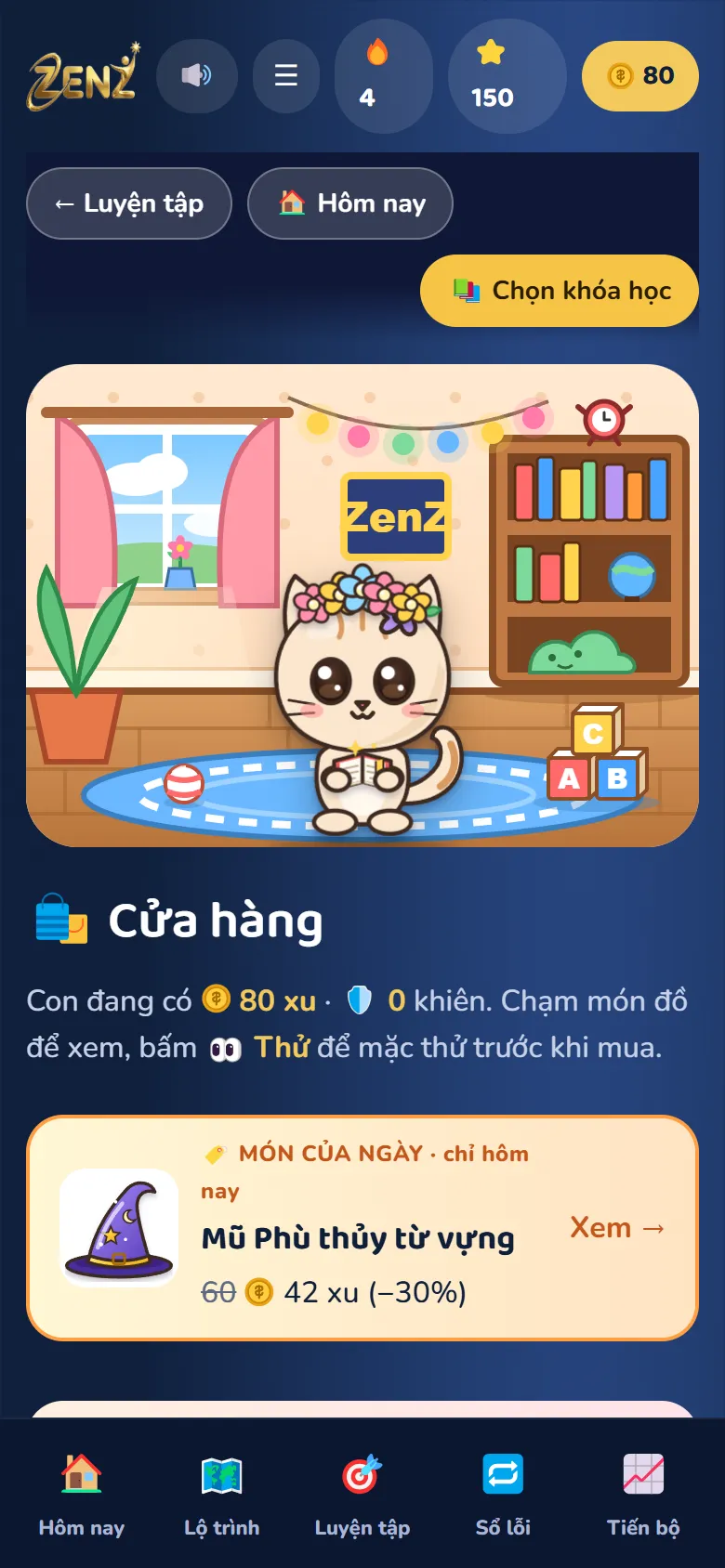 Phòng của linh vật mèo Mia đội vòng hoa, phía dưới là cửa hàng đổi xu lấy đồ
