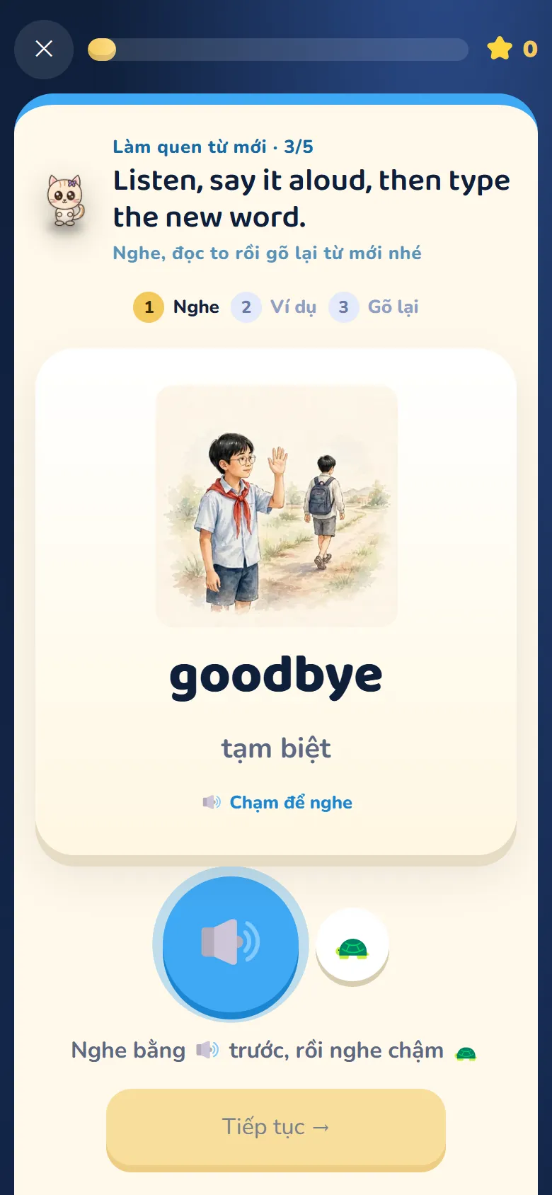 Thẻ từ “goodbye – tạm biệt” có tranh màu nước hai bạn nhỏ vẫy tay chào